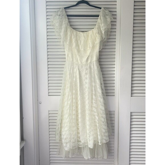 Roberta Bridal Dresses & Skirts - SOLD 1970s 70s Ivory Cream Lace Capelet Full Skirt Off the Shoulder Dress S